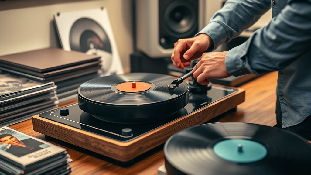 Professional turntable setup on wooden desk with vinyl records stacked nearby, warm studio lighting, showing cartridge and platter detail, person adjusting tone arm with concentration