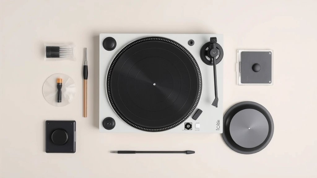 Flat lay arrangement of turntable accessories including cleaning brush, alignment tool, isolation platform, and replacement stylus on neutral background, organized product photography style