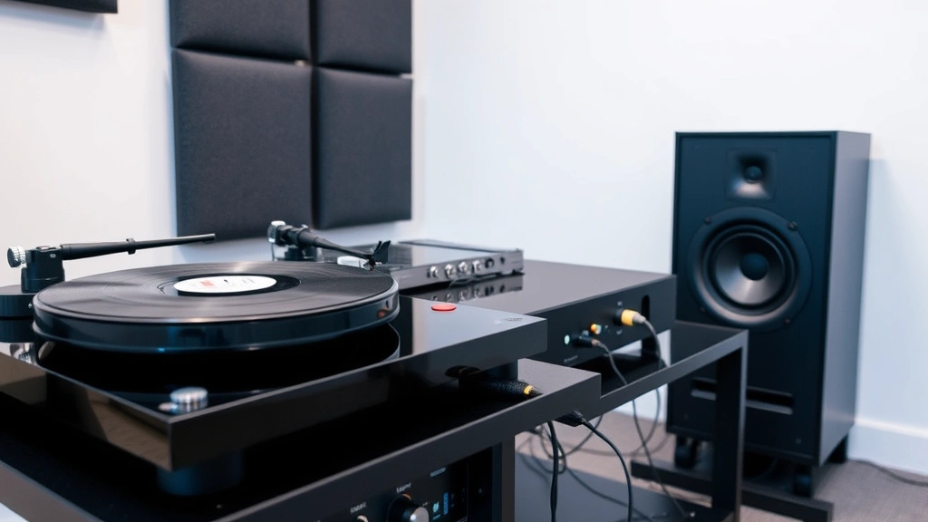 Modern audio equipment setup with turntable connected to powered speakers and amplifier, showing cable connections and grounding setup, minimalist room with acoustic panels visible