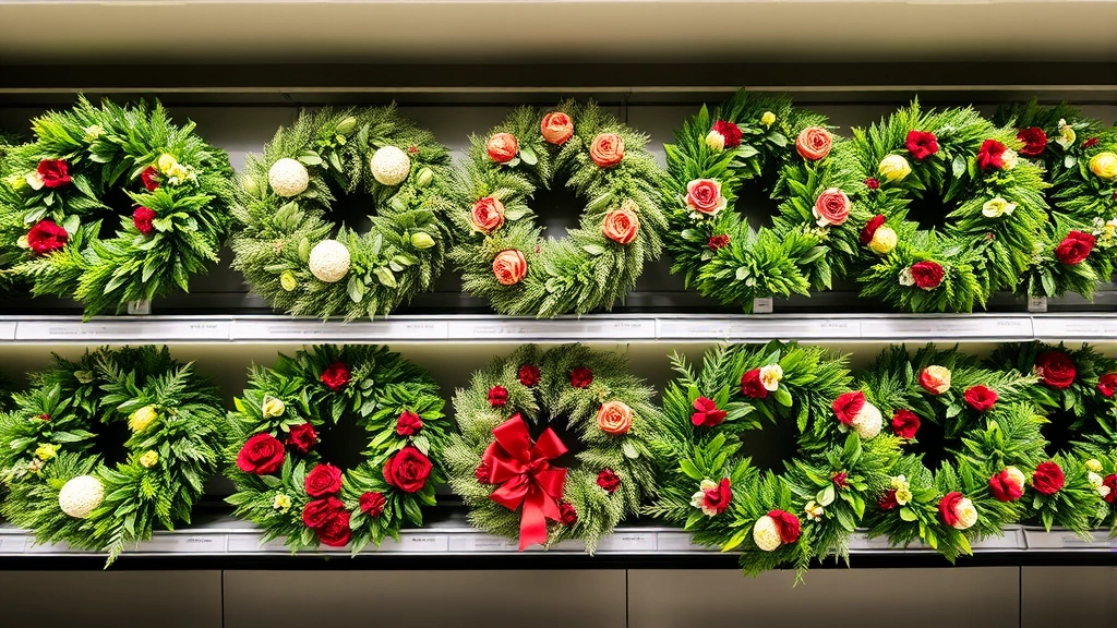 Professional display of premium fresh and artificial wreaths arranged on a modern retail shelf, showing various styles and colors with clear, detailed foliage and decorative accents, bright retail lighting