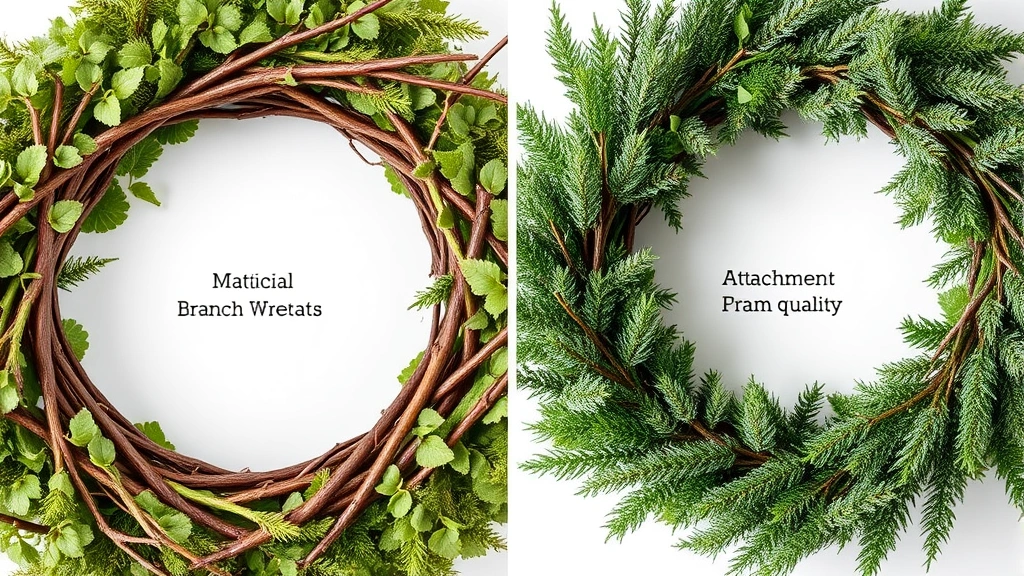 Close-up comparison of wreath materials and construction details, showing branch texture, frame quality, and attachment mechanisms for both fresh and artificial wreaths, professional product photography