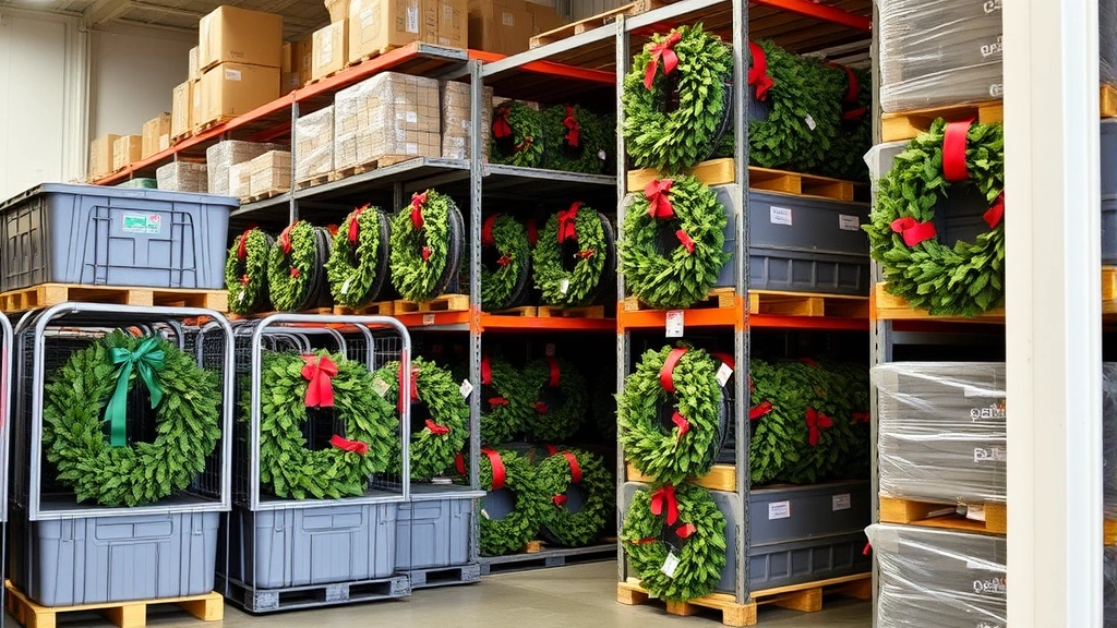 Organized warehouse or storage facility with properly stored wreaths in protective containers and racks, demonstrating professional inventory management and seasonal storage best practices, business environment