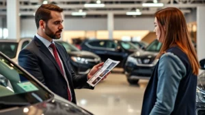 Professional automotive salesperson in business attire showing detailed vehicle features to attentive customer on modern dealership floor with illuminated vehicles in background