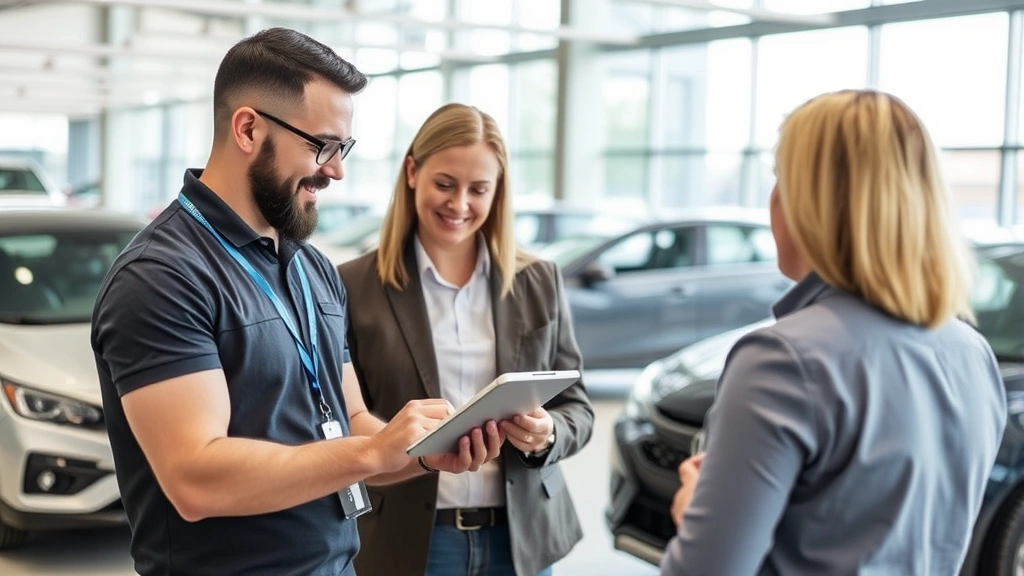 Automotive sales professional reviewing digital inventory management system with customer on tablet device in modern dealership showroom with vehicles visible