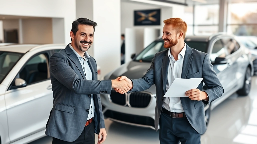 Professional automotive salesman shaking hands with satisfied customer in dealership office after successful vehicle purchase with paperwork on desk