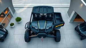 Professional overhead view of new side-by-side vehicle in outdoor commercial dealership setting with modern architecture, clear lighting showing vehicle details and contemporary showroom environment.