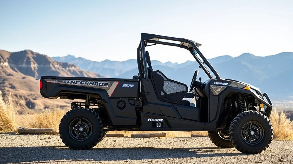 Professional side-by-side vehicle displayed in outdoor commercial setting with mountains and clear sky, showcasing rugged terrain capability and modern design features.