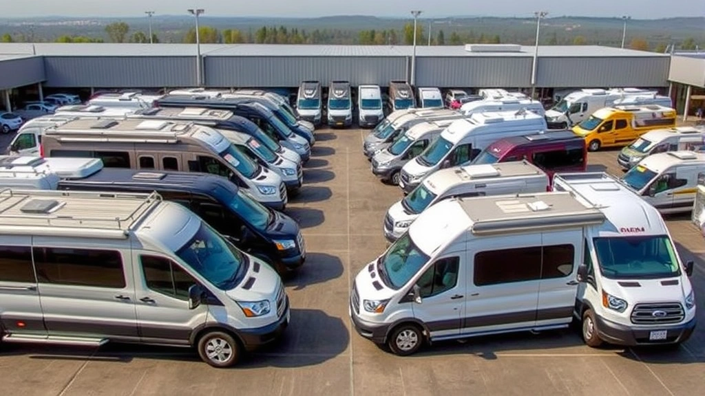Multiple side-by-side vehicles arranged in outdoor commercial display area with diverse models, showcasing different sizes and configurations available in current market.