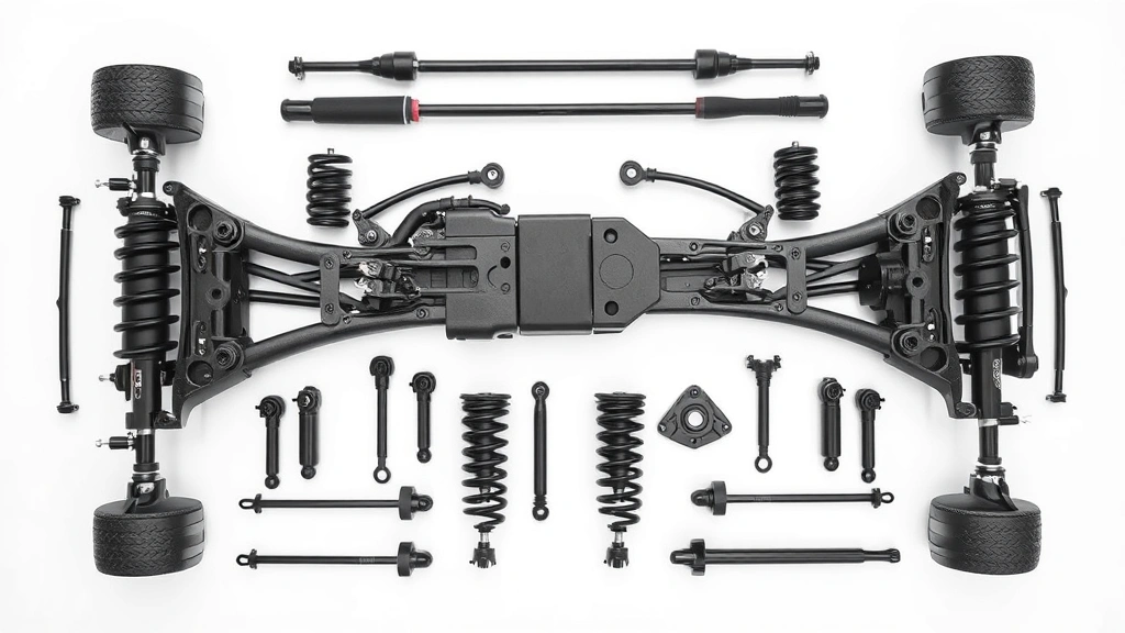 Overhead aerial view of side-by-side suspension system components laid out on clean white background, showing independent suspension arms, shock absorbers, and steering components in organized technical display