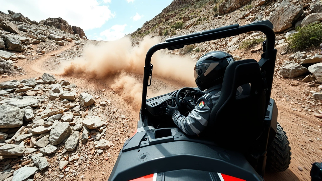 Action shot of side-by-side vehicle in use on rugged mountain terrain with driver visible through windshield, navigating rocky trail with visible suspension articulation and dust cloud, showing real-world capability
