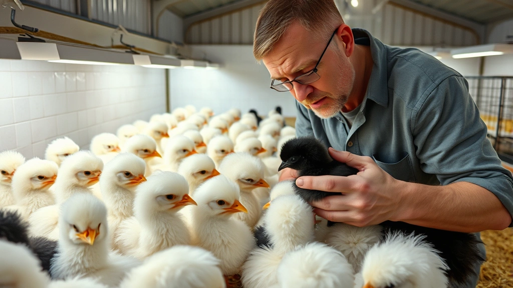 Silkie chicken breeder examining multiple fluffy white and black silkie chicks in a clean brooding setup with heat lamps and feeders, hands-on evaluation scene, photorealistic