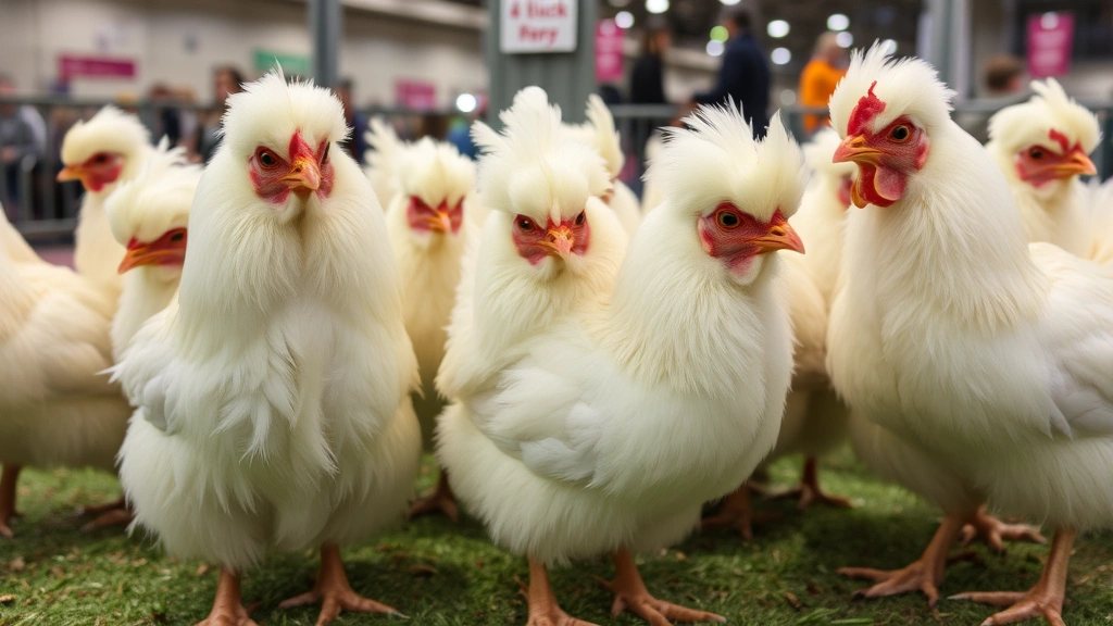 Group of silkie chickens at a poultry show exhibition, displaying their characteristic fluffy plumage and distinctive features in professional show pen setup, competitive breeding context