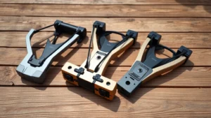 Professional product photography of three modern slingshots arranged on wooden surface with natural lighting, showing different frame styles and materials including aluminum and composite designs, detailed view of band systems and grips, commercial quality