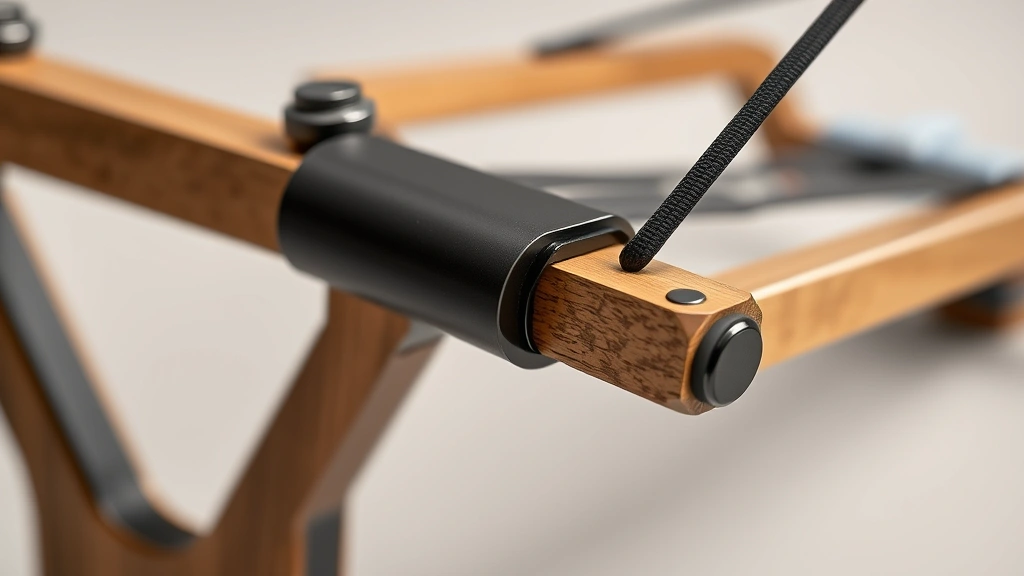 Close-up detail shot of high-quality slingshot band attachment mechanisms and frame joints, showing precision engineering and material quality, professional macro photography with neutral background emphasizing craftsmanship