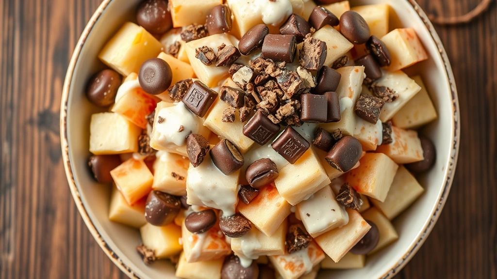Close-up overhead shot of a bowl of snicker salad with diced apples and chocolate candy pieces mixed with creamy white dressing, garnished with crushed Snickers on top, professional food photography lighting, rustic wooden table background