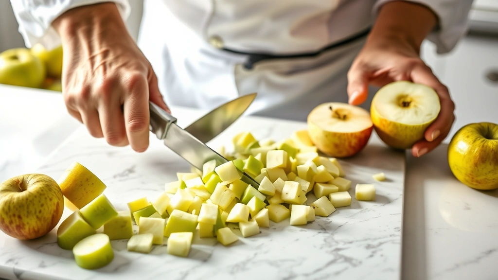 Professional chef's hands demonstrating knife technique cutting fresh Granny Smith apples into uniform dice pieces on a marble cutting board, sharp chef's knife in focus, clean kitchen workspace, natural daylight