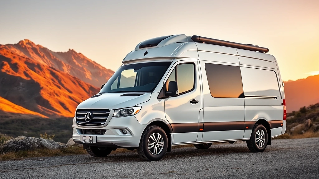 Professional Sprinter camper van parked in scenic mountain landscape during golden hour, showcasing clean exterior design and modern conversion quality, natural lighting highlighting vehicle details