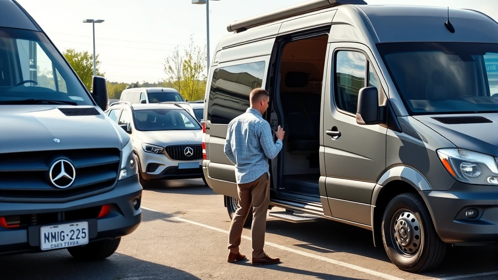 Couple inspecting Sprinter camper van at outdoor dealership lot, examining exterior condition and features, professional automotive setting with multiple vehicles visible in background, daytime natural lighting