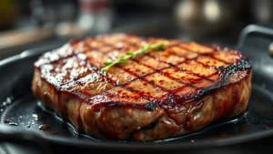 Close-up of perfectly seared ribeye steak with golden-brown crust on hot cast iron skillet, steam rising, professional kitchen lighting, shallow depth of field