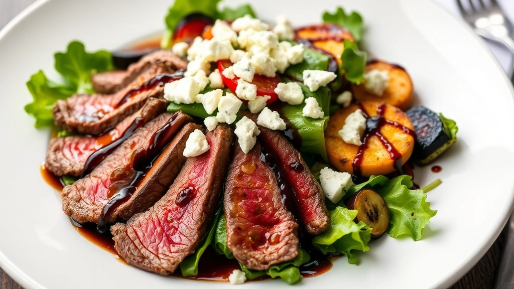 Vibrant composed steak salad plated on white ceramic dish with sliced warm beef, mixed greens, roasted vegetables, blue cheese crumbles, and balsamic reduction drizzle, restaurant-quality presentation