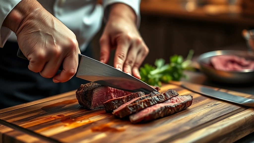 Chef's hands slicing rested steak against the grain with sharp knife on wooden cutting board, showing proper technique and meat texture, warm kitchen lighting, professional culinary setting
