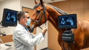 Professional equestrian veterinarian performing comprehensive health examination on premium thoroughbred horse in modern clinic facility, using ultrasound equipment, detailed medical assessment