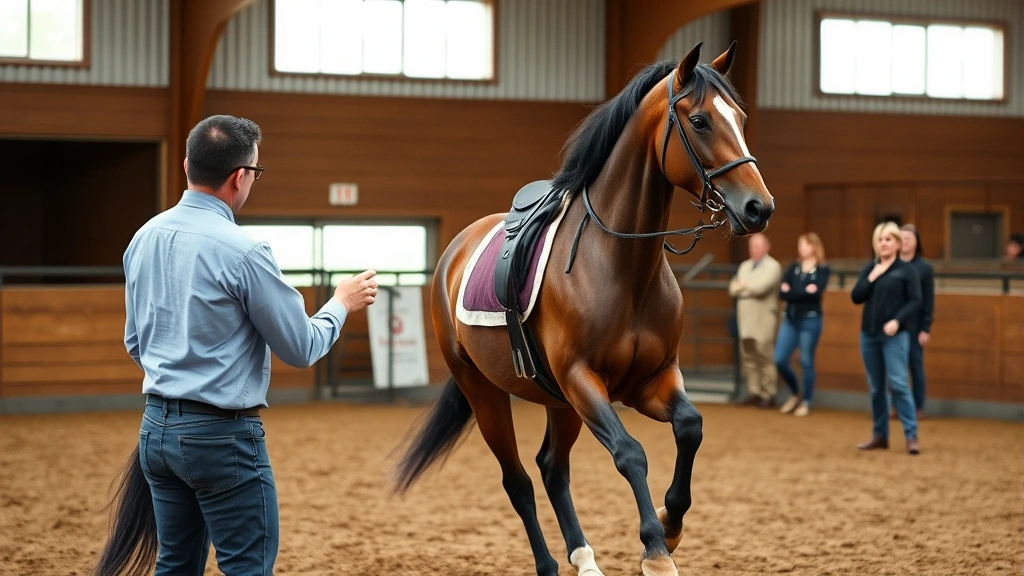 Experienced horse trainer demonstrating premium performance horse in professional arena setting, showcasing movement and athletic capability to potential buyers observing from sidelines