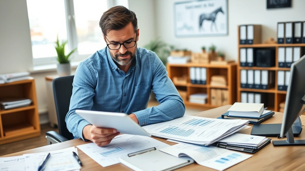Successful equine business owner reviewing comprehensive documentation and digital records on tablet device, analyzing pedigree data and performance metrics in organized office environment