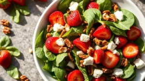 Overhead view of vibrant fresh strawberry spinach salad with candied pecans, goat cheese crumbles, and poppy seed dressing in white ceramic bowl, natural sunlight, professional food photography