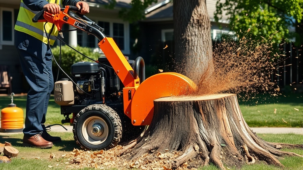 Professional operator using orange and black self-propelled stump grinder grinding tree stump in residential yard on sunny day, wood chips flying, focused intensity