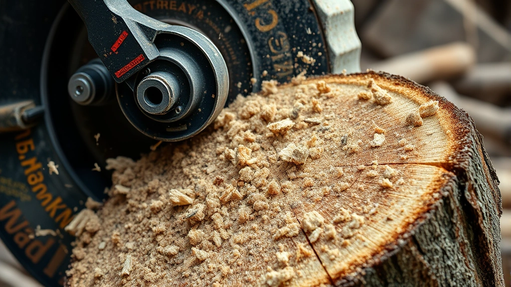 Close-up of stump grinding wheel in action pulverizing hardwood stump to sawdust, showing mechanical precision and power, industrial equipment detail shot