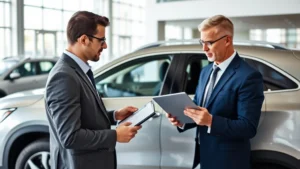 Professional businessman reviewing vehicle purchase documents on tablet computer while standing beside silver SUV in dealership showroom, natural lighting, clean modern interior