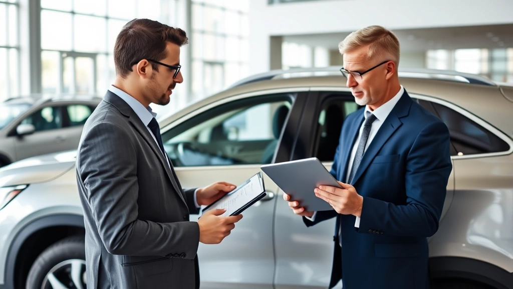 Professional businessman reviewing vehicle purchase documents on tablet computer while standing beside silver SUV in dealership showroom, natural lighting, clean modern interior