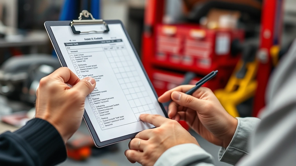Close-up of hands examining vehicle inspection checklist with clipboard, mechanic tools visible in background, focused on automotive quality control process
