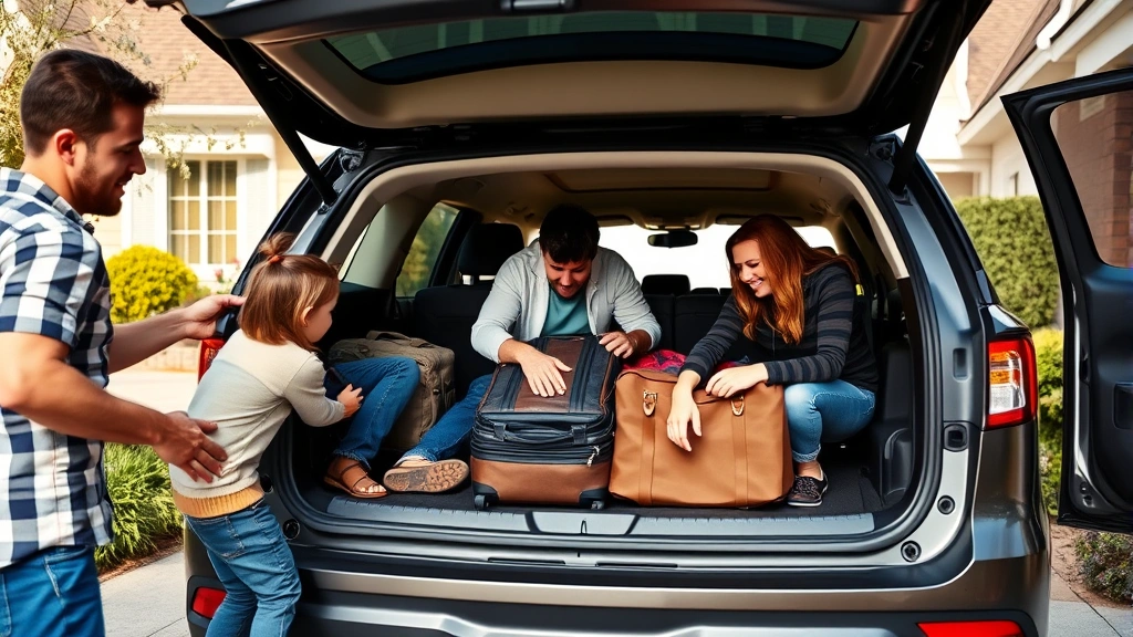 Family loading luggage into three-row SUV trunk at suburban home driveway, showing practical cargo capacity and family-friendly features, natural daylight