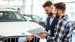 Professional automotive salesman reviewing vehicle inspection report with customer in bright dealership showroom, both examining clipboard with detailed documentation