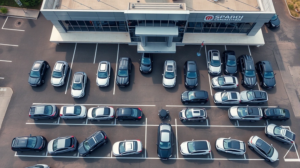 Aerial view of organized dealership lot displaying multiple compact crossover vehicles in neat rows with clear pricing signage visible, modern facility architecture
