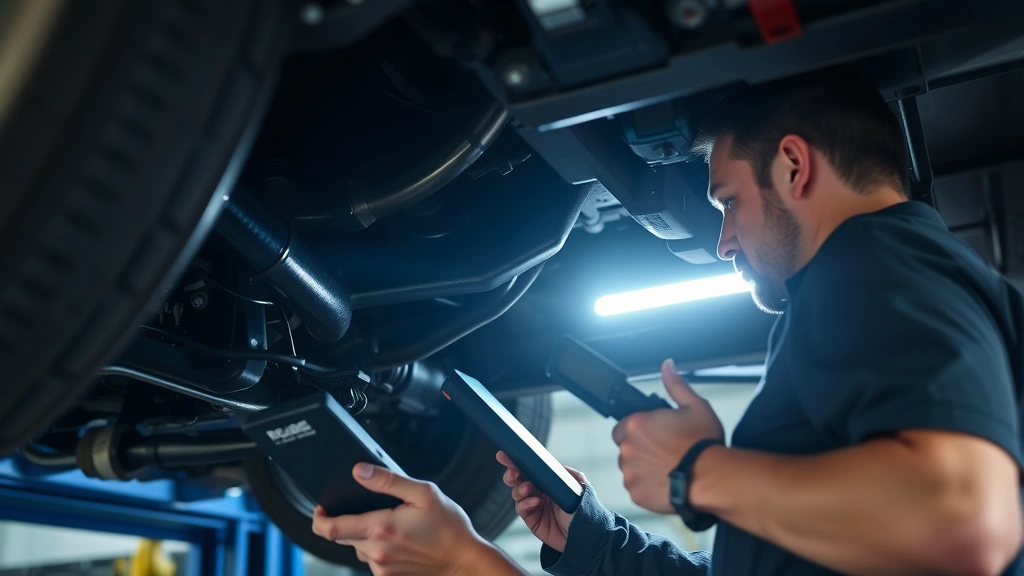 Close-up of mechanic performing thorough vehicle inspection under bright workshop lighting, checking undercarriage components and suspension systems with diagnostic tools