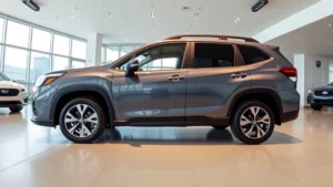 Wide-angle shot of 2023 Subaru Forester SUV parked in modern dealership showroom with bright lighting, clean floors, and neutral background, side profile view showing sleek design and alloy wheels