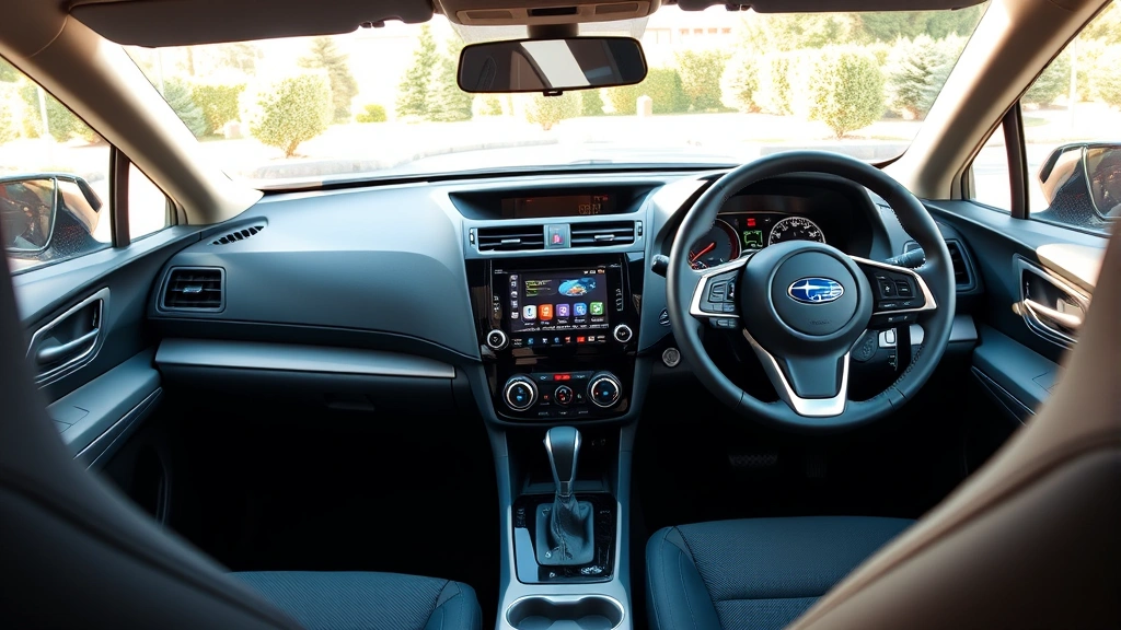 Interior dashboard view of Subaru Forester showing infotainment touchscreen, steering wheel, and premium upholstered seats with natural light from windows, emphasizing modern technology features