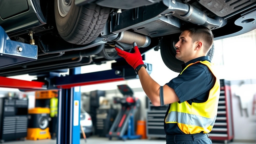 Professional automotive mechanic in safety vest and gloves inspecting vehicle undercarriage using hydraulic lift in well-organized service bay with tools visible in background