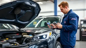 Professional mechanic performing comprehensive vehicle inspection on modern Subaru Outback in well-lit automotive service facility, using diagnostic equipment and examining engine bay