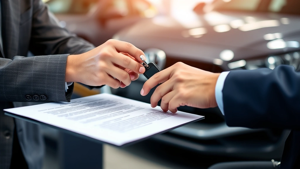Hands signing vehicle purchase agreement and transferring car keys during final transaction at automotive dealership, with both parties visible in professional setting