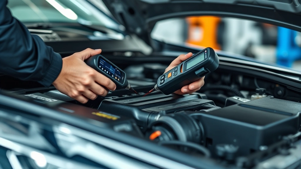 Close-up of hands inspecting car engine bay during professional mechanical evaluation, mechanic using diagnostic tools, professional workshop environment