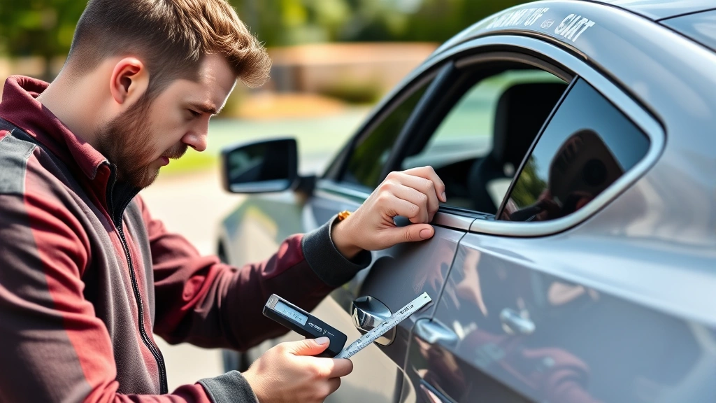 Performance car buyer examining vehicle exterior with measuring tools, checking paint depth and panel alignment in daylight outdoor setting, serious expression