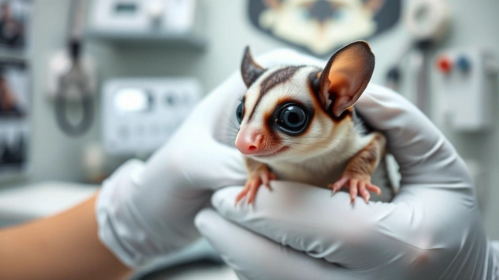 Close-up of a healthy sugar glider being examined by a veterinarian wearing gloves, showing professional medical care and documentation in a modern clinic setting with medical equipment visible