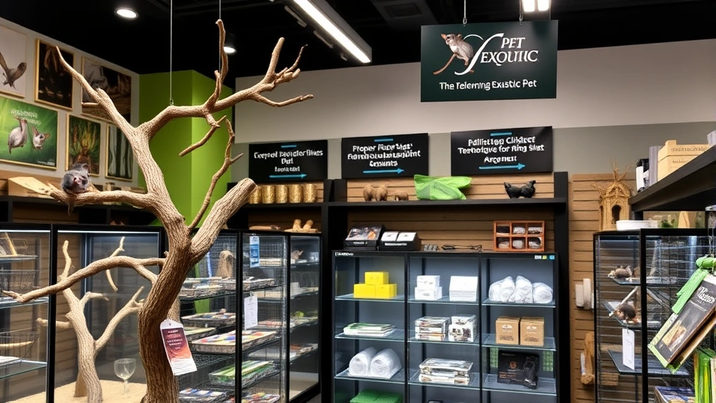 Modern exotic pet retail store interior displaying proper sugar glider habitats with climbing branches, enrichment items, and professional signage, showing well-maintained facilities and inventory management