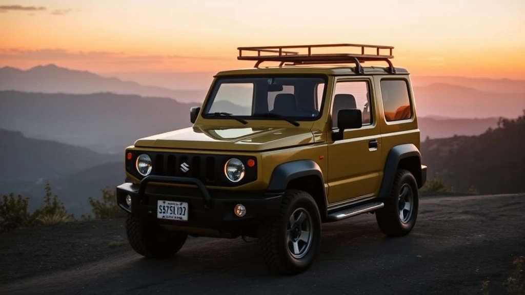 Suzuki Samurai parked on scenic mountain overlook at sunset with professional photography lighting, showcasing vehicle's compact rugged design and excellent condition
