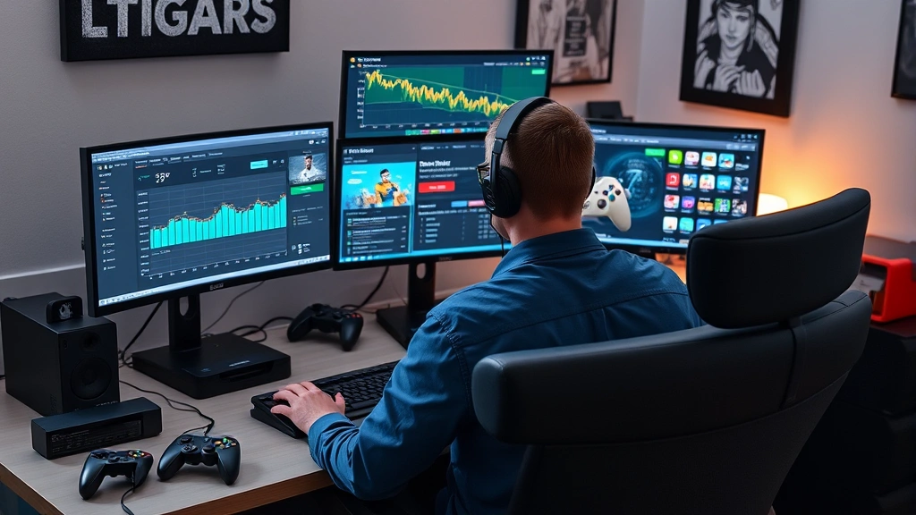 Professional gamer sitting at desk with multiple monitors displaying gaming dashboard, price tracking apps, and Nintendo eShop interface, organized workspace with gaming peripherals