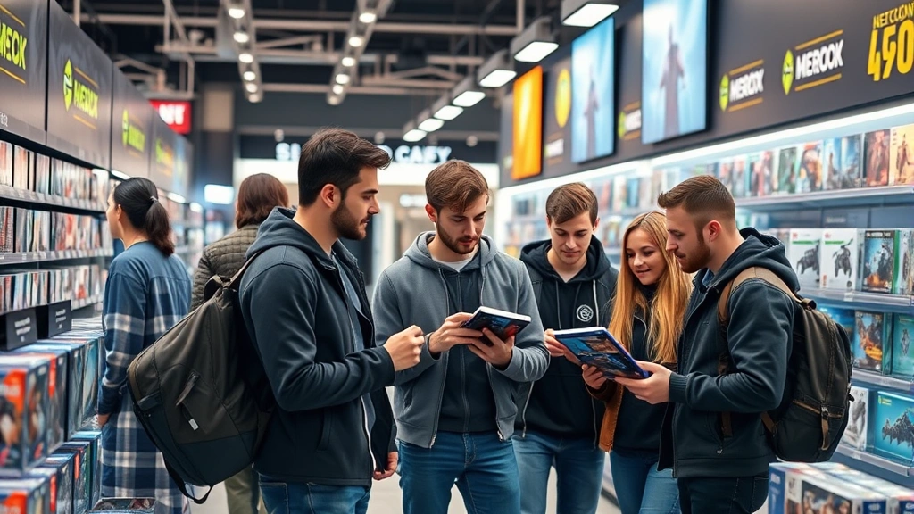 Diverse group of gamers in casual clothing examining game cases in well-lit electronics retail store, engaged discussion comparing products and prices near gaming section